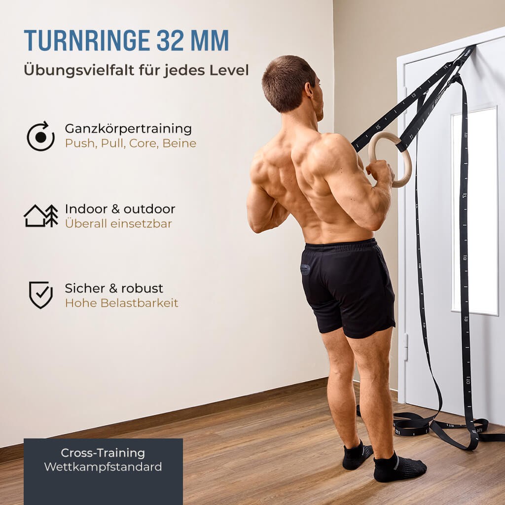 Anneaux de gymnastique en bois, sac de sport, sangles de fixation et ancrage de porte inclus
