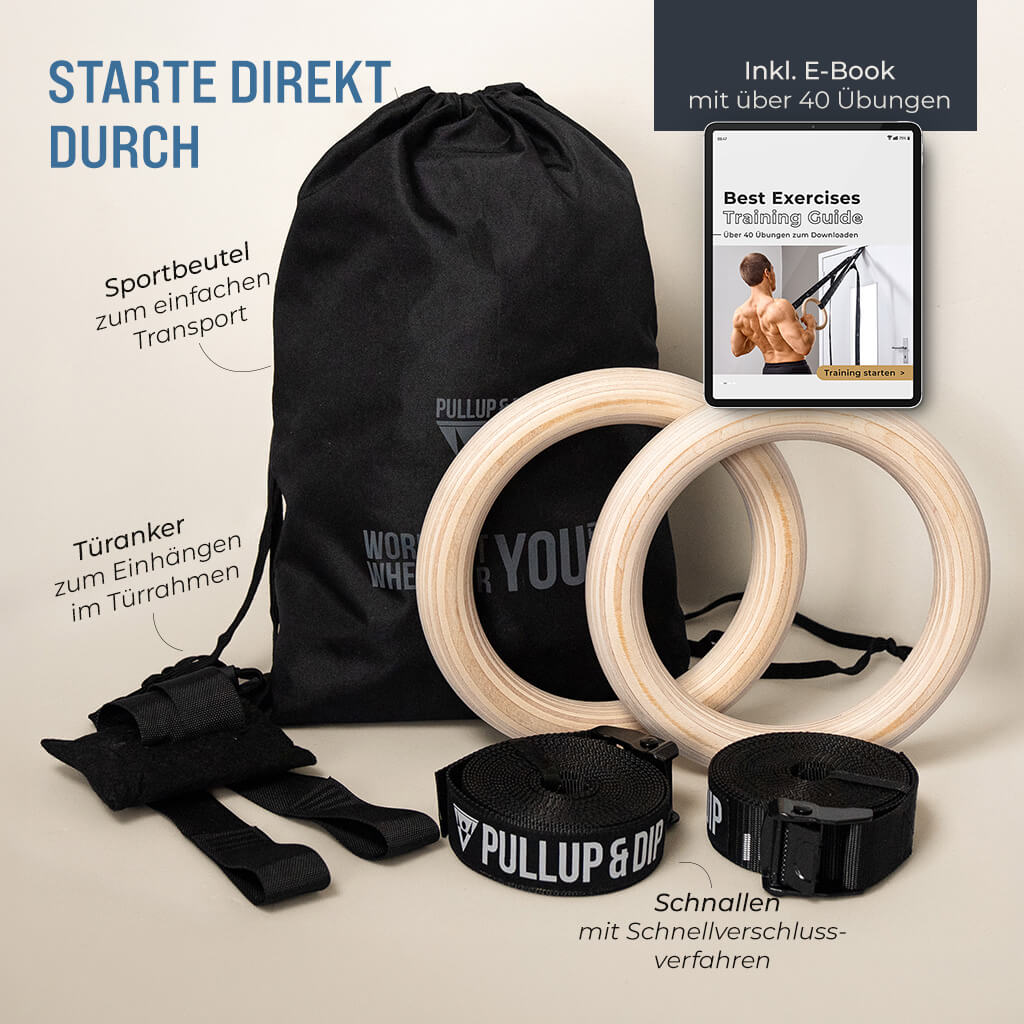 Anneaux de gymnastique en bois, sac de sport, sangles de fixation et ancrage de porte inclus