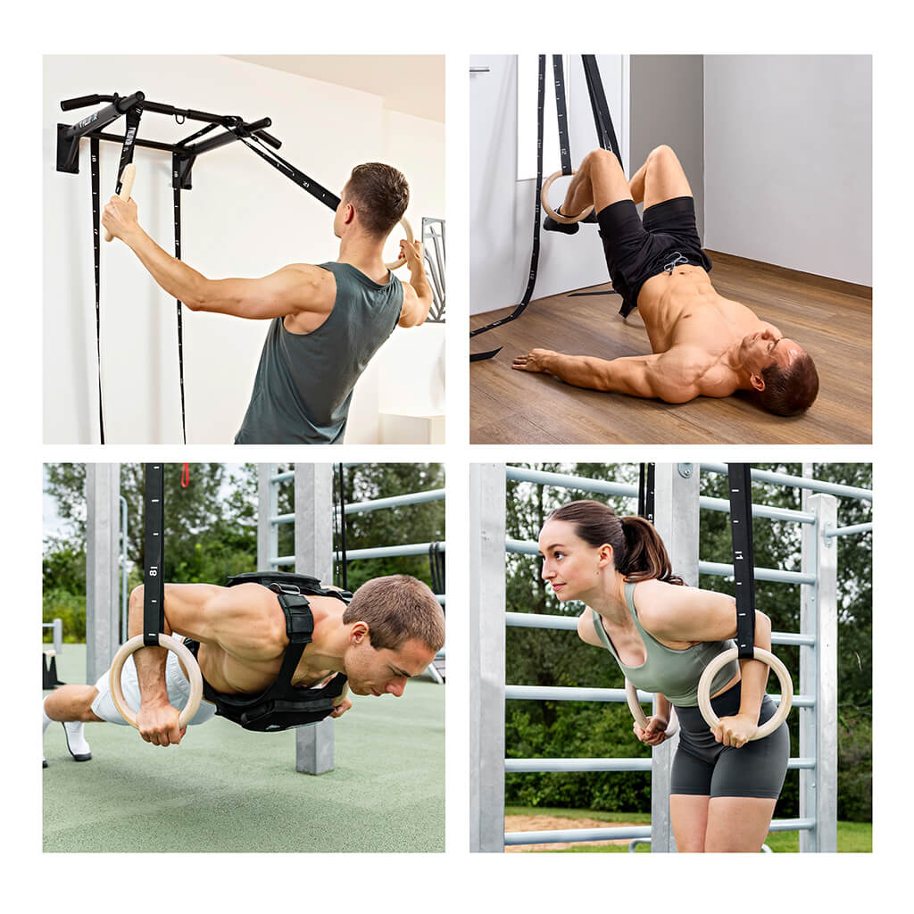 Anneaux de gymnastique en bois, sac de sport, sangles de fixation et ancrage de porte inclus