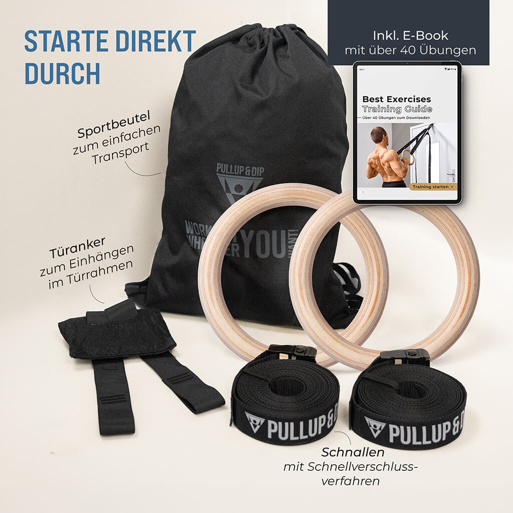 Anneaux de gymnastique en bois, sac de sport, sangles de fixation et ancrage de porte inclus