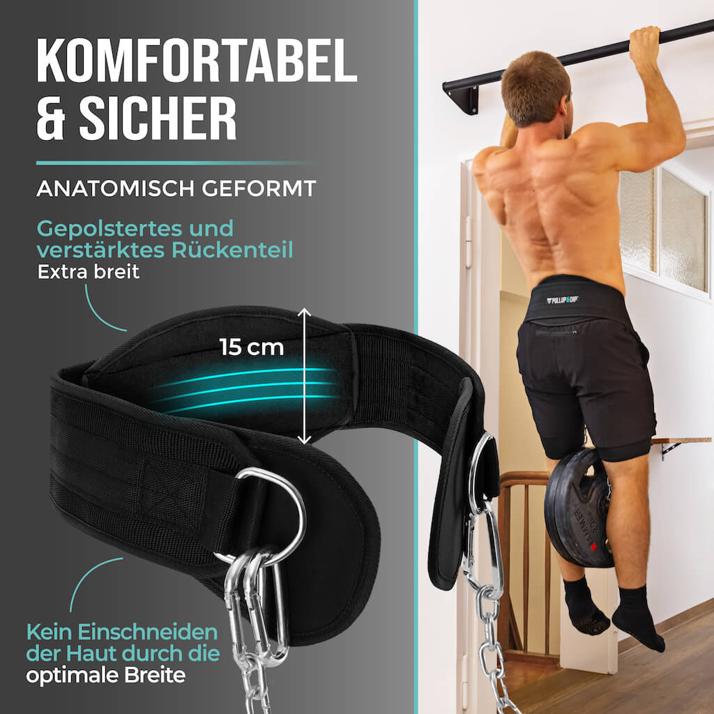 Dip belt with chain, 3 carabiners and unique flaps