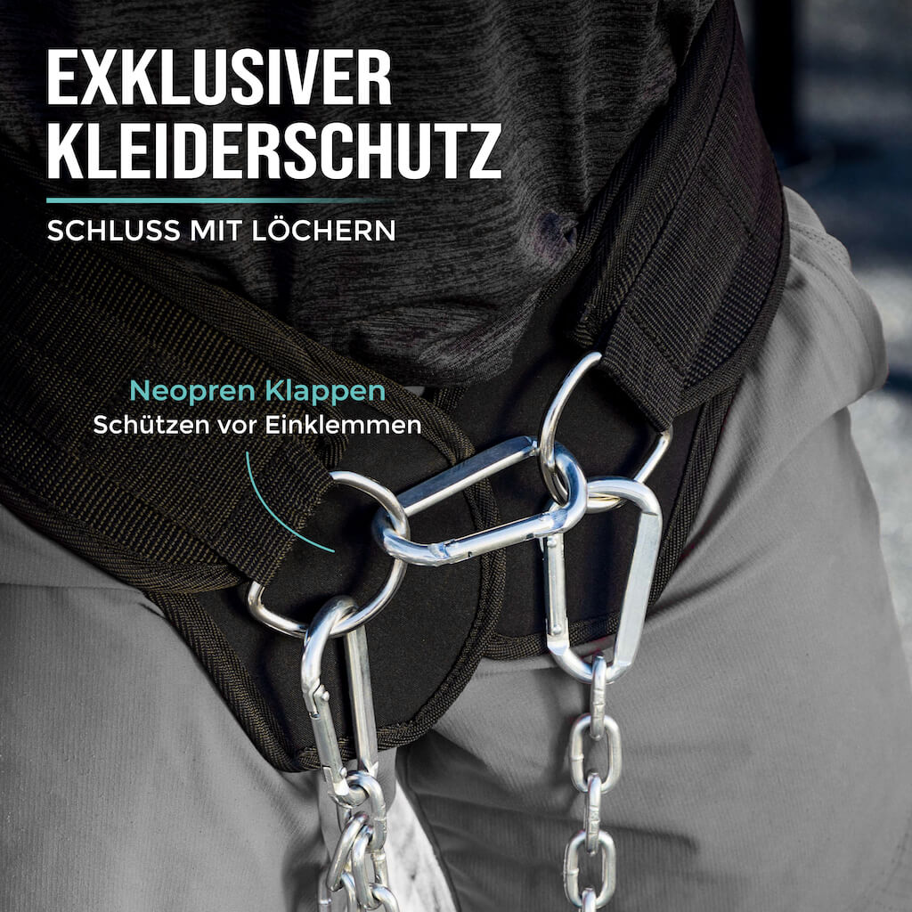 Dip belt with chain, 3 carabiners and unique flaps
