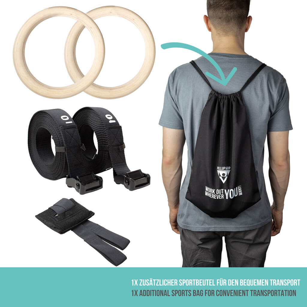 Wooden Gymnastic Rings Incl. Sports Bag, Fastening Straps And Door Anchor