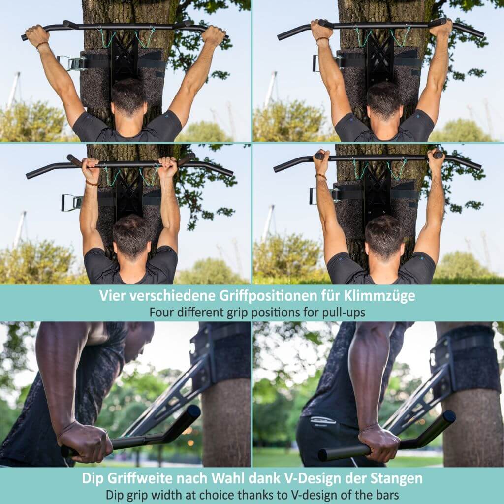 Barre de traction et barre de dips mobiles pour l'entraînement en extérieur, plus de 35 exercices, unique au monde