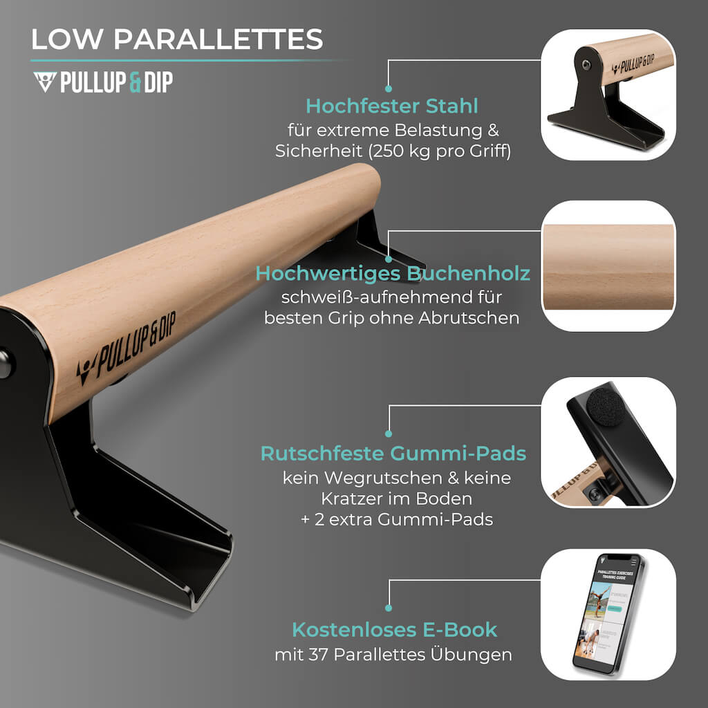 Wooden parallettes with ergonomic handle, low or medium version