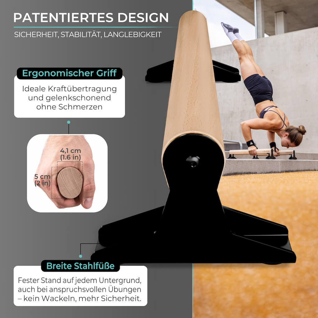 Wooden parallettes with ergonomic handle, low or medium version