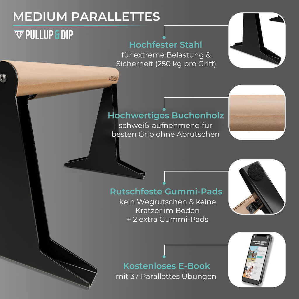 Wooden parallettes with ergonomic handle, low or medium version