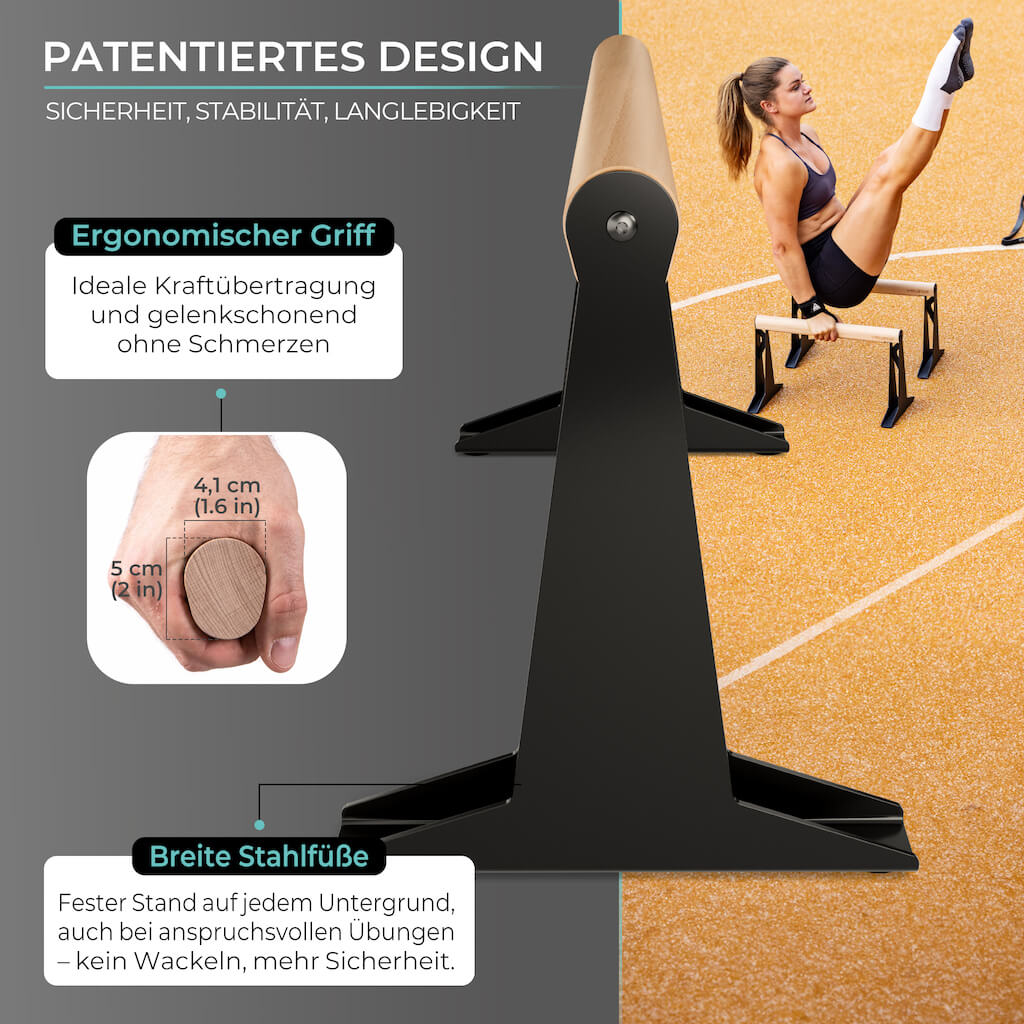 Wooden parallettes with ergonomic handle, low or medium version