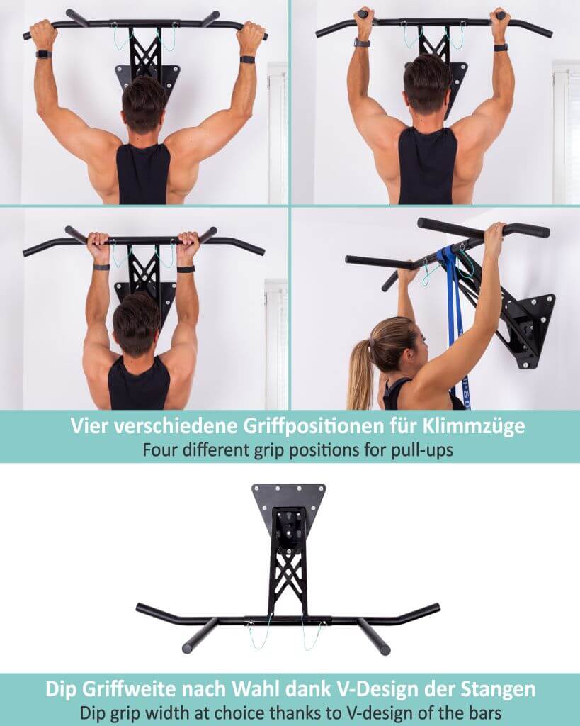 Pull-up and dip bar for wall mounting on interior and exterior wall