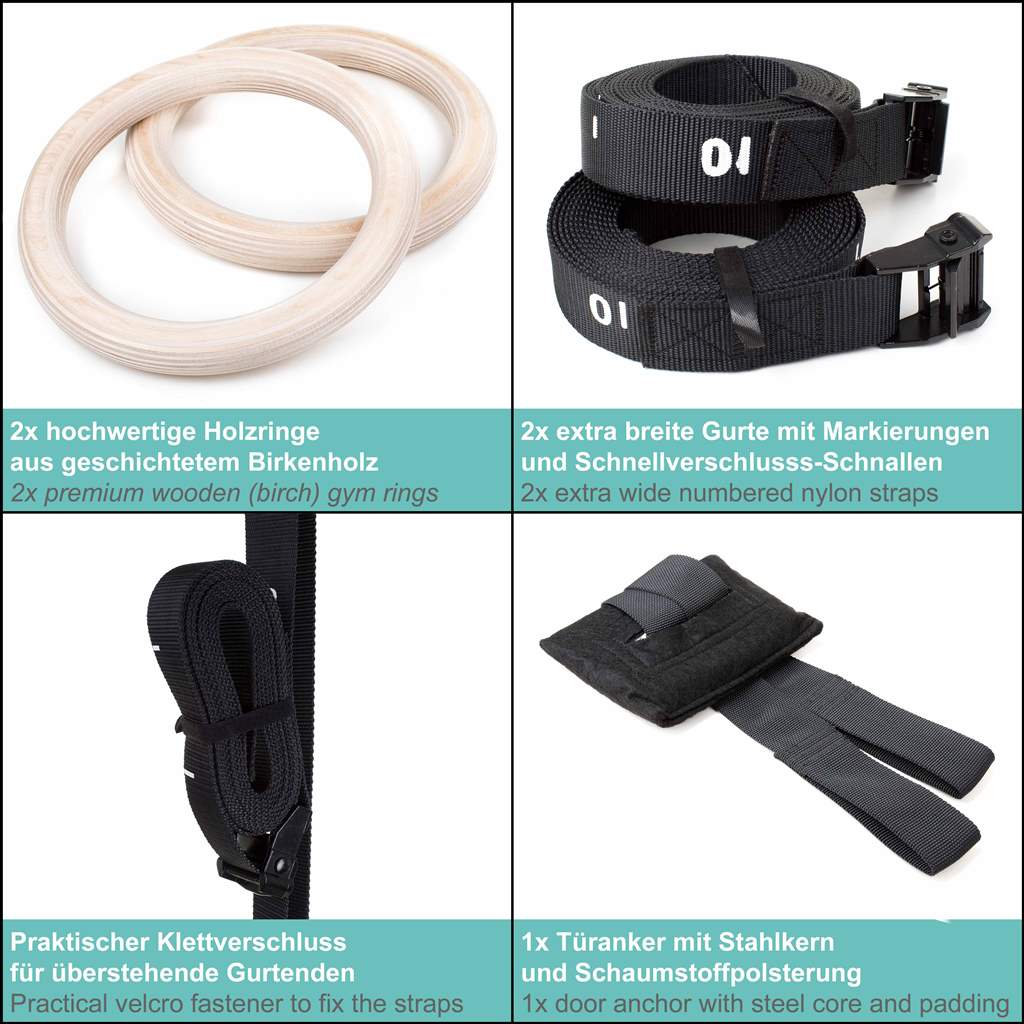 Wooden Gymnastic Rings Incl. Sports Bag, Fastening Straps And Door Anchor