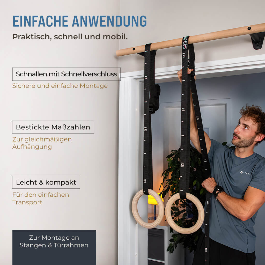 Anneaux de gymnastique en bois, sac de sport, sangles de fixation et ancrage de porte inclus
