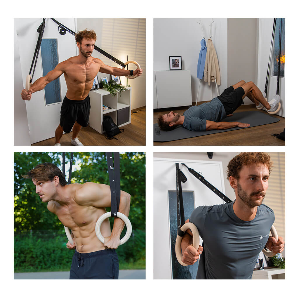 Anneaux de gymnastique en bois, sac de sport, sangles de fixation et ancrage de porte inclus