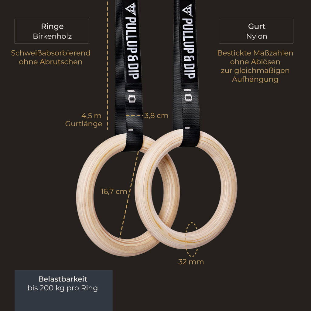 Anneaux de gymnastique en bois, sac de sport, sangles de fixation et ancrage de porte inclus