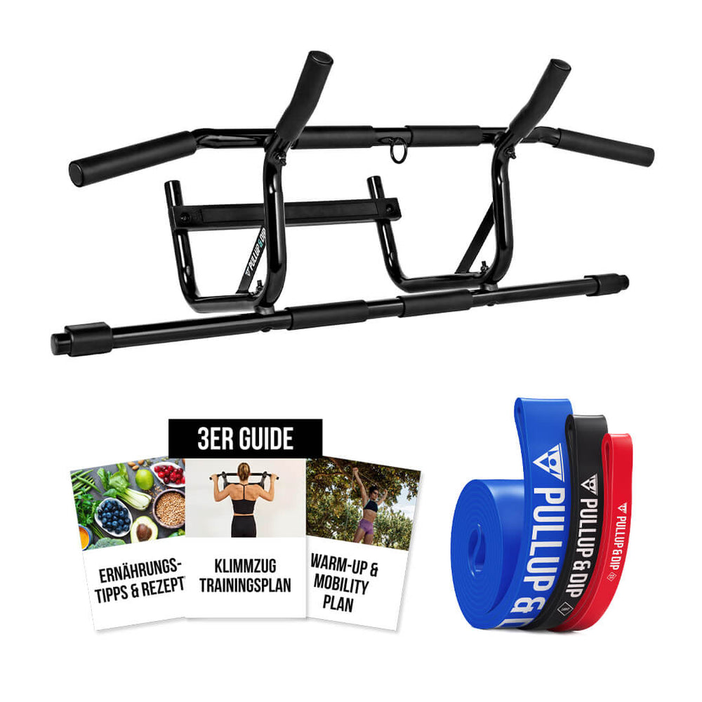 Pull-up beginner set: door pull-up bar, pull-up bands set of 3 & guide bundle in English