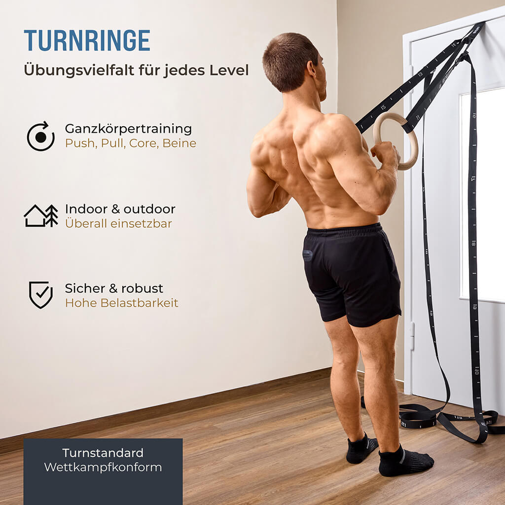 Anneaux de gymnastique en bois, sac de sport, sangles de fixation et ancrage de porte inclus