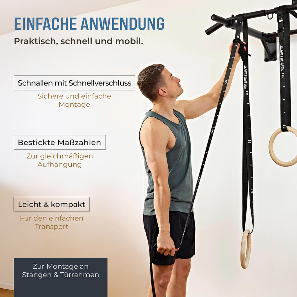 Anneaux de gymnastique en bois, sac de sport, sangles de fixation et ancrage de porte inclus