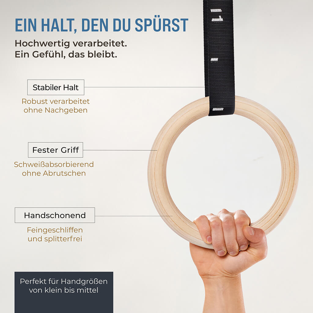 Anneaux de gymnastique en bois, sac de sport, sangles de fixation et ancrage de porte inclus