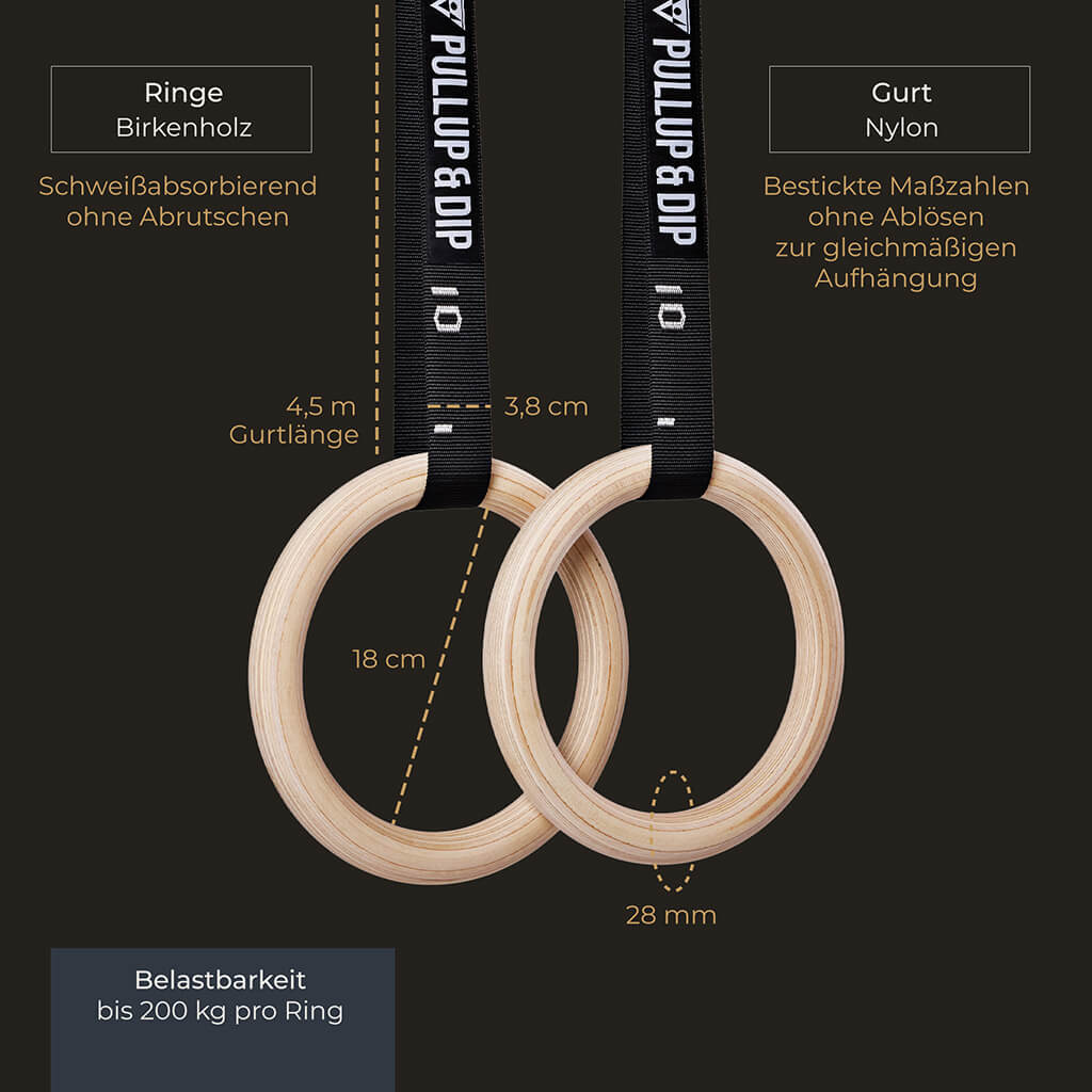 Anneaux de gymnastique en bois, sac de sport, sangles de fixation et ancrage de porte inclus