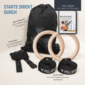 Anneaux de gymnastique en bois, sac de sport, sangles de fixation et ancrage de porte inclus