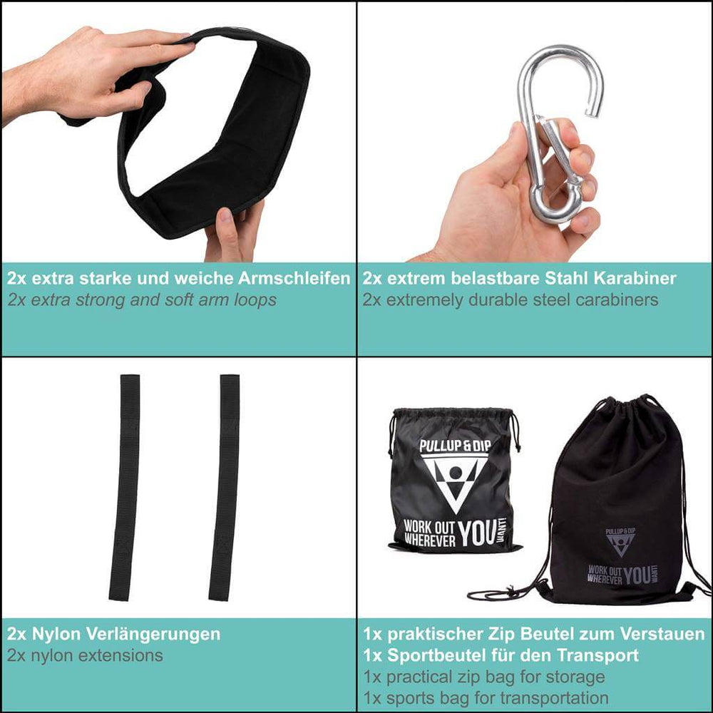 Ensemble de barres de traction : Barre de traction de porte + Sangles de traction (set de 4) + Boucles abdominales