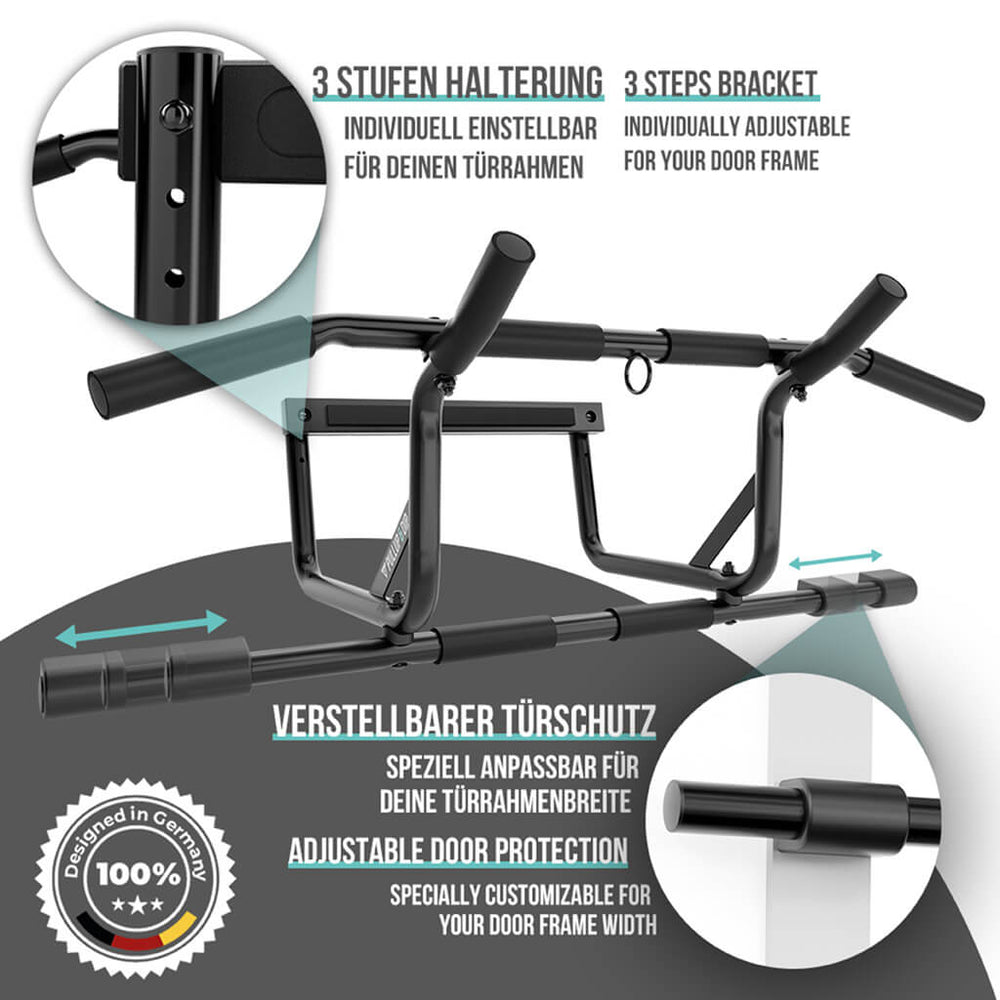Pull-up beginner set: door pull-up bar, pull-up bands set of 3 & guide bundle in English