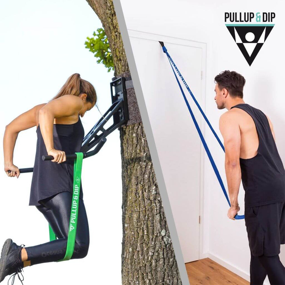 Pull-up beginner set: door pull-up bar, pull-up bands set of 3 & guide bundle in English