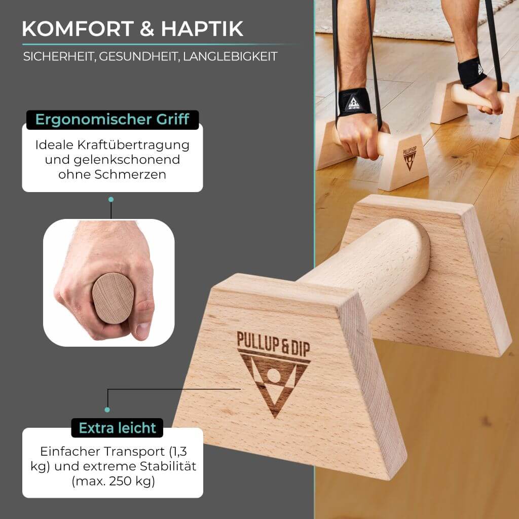 Wooden push-up grips with ergonomic handle incl. wrist wraps