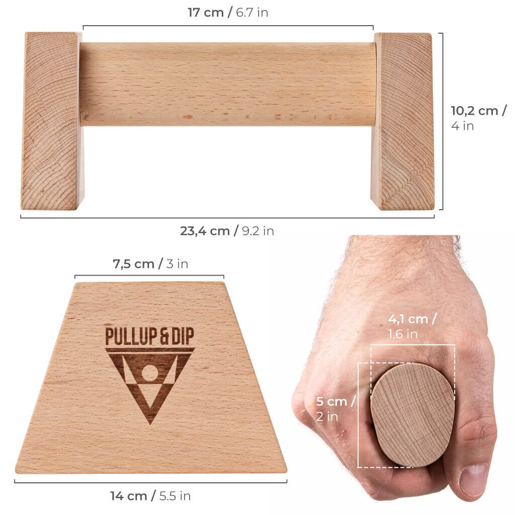 Wooden push-up grips with ergonomic handle incl. wrist wraps