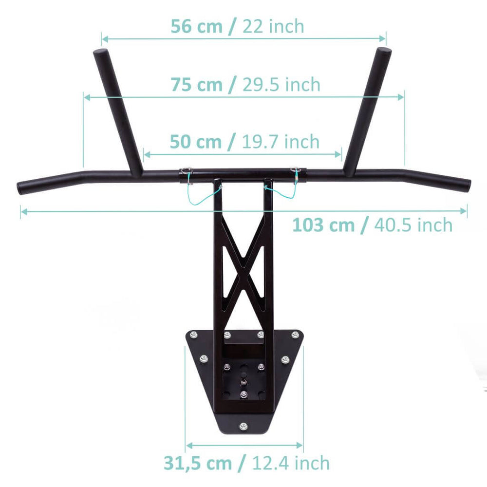 Pull-up and dip bar for wall mounting on interior and exterior wall