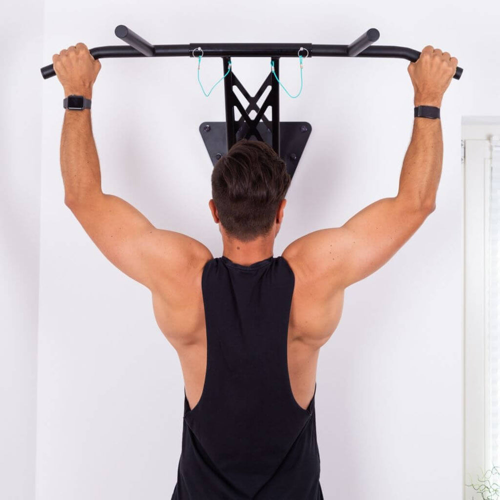 Pull-up and dip bar for wall mounting on interior and exterior wall