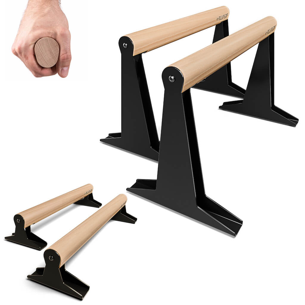 Wooden parallettes with ergonomic handle, low or medium version